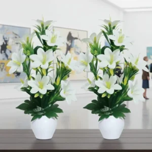 N2K White Lily Artificial Flowers With Apple Pot (Pack of 2) For Gifting, Home Decor,Bedroom, Balcony, Living Room, Restaurant Decoration