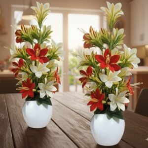 N2K Premium Artificial Red & White Lily Flowers With Apple Pot (Pack of 2)