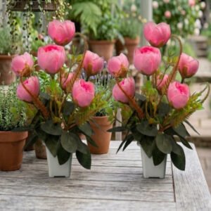 N2K Artificial Pink (Camelia Bridal) Rose 7 Head Flower Plant With Square Pot Pack of 2