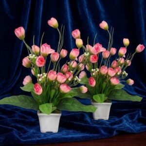 N2K Artificial Pink Small Gol Rose Flower 9 Head Plant With Square Pot Pack of 2