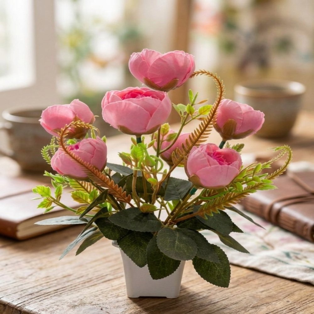 N2K Artificial Pink (Camelia Bridal) Rose 7 Head Flower Plant With Square Pot Pack of 1