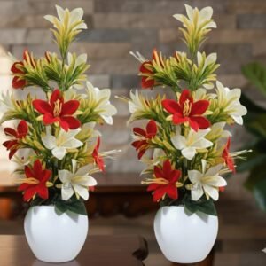 N2K Premium Artificial Red & White Lily Flowers With Apple Pot (Pack of 2), White & Red Decorative Plastic Flowers for Home, Living Room, Office & Table Decor
