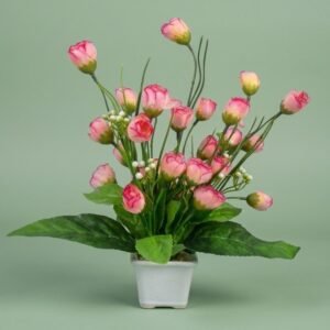 N2K Artificial Pink Small Gol Rose Flower 9 Head Plant With Square Pot (Pack of 1) Artificial Plant, Flower