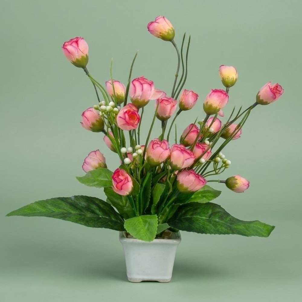 N2K Artificial Pink Small Gol Rose Flower 9 Head Plant With Square Pot (Pack of 1) Artificial Plant, Flower
