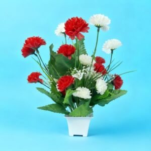 N2K Artificial Red-White Carnation Flower 9 Head Plant With Square Pot (Pack of 1) Artificial Flower Plant