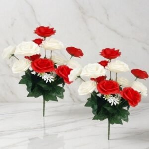 N2K Artificial Red & White Rose 12 Head Flowers Bunch (Pack of 2) For Gifting, Home Decor