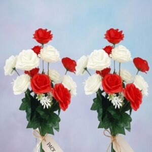 N2K Artificial Red & White Rose 12 Head Flowers Bunch (Pack of 2) For Gifting, Home Decor,Bedroom, Balcony, Living Room, Restaurant Decoration