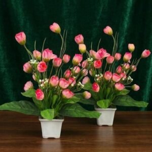 N2K Artificial Pink Small Gol Rose Flower 9 Head Plant With Square Pot Pack of 2