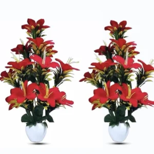 N2K Red Lily Artificial Flowers With Apple Pot (Pack of 2) For Gifting, Home Decor,Bedroom, Balcony, Living Room, Restaurant Decoration