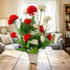 N2K Artificial Red-White Carnation Flower 9 Head Plant With Square Pot (Pack of 1) Artificial Flower Plant