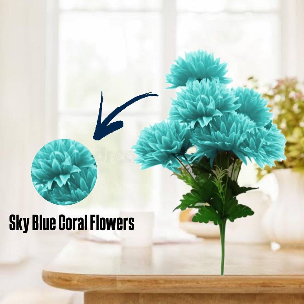N2K Artificial Sky-Blue Corel 5 Head Flower Bunch (Pack of 2) For Rooms & Office Decorations - Image 2
