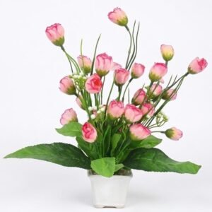 N2K Artificial Pink Small Gol Rose Flower 9 Head Plant With Square Pot (Pack of 1)