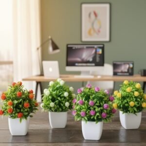 N2K Artificial Mini Pot Plants (Green Rose Mehndi-Filler) Pack of 4 For Home Decor And Living Room Lifelike Faux Plants