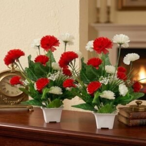 N2K Artificial Red-White Carnation Flower 9 Head Plant With Square Pot (Pack of 2)