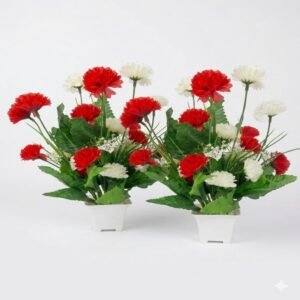 N2K Artificial Red-White Carnation Flower 9 Head Plant With Square Pot (Pack of 2) Artificial Flower Plant