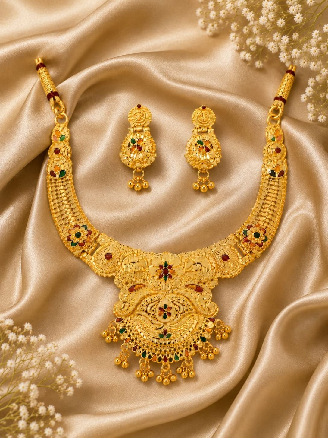 N2K Traditional Ethnic Gold Plated (Choker- D1) Temple Design Necklace Set with Earrings