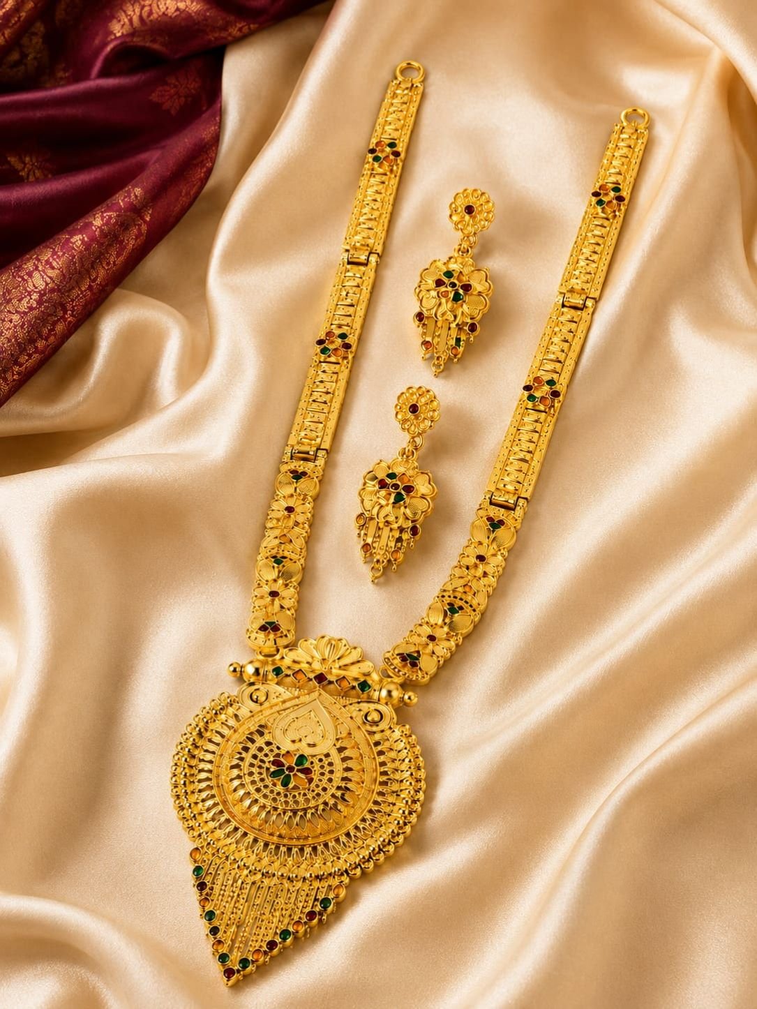 N2K Ethnic Gold Plated (Rani Necklace -M2 Round Shape ) Temple Design Necklace Set with Earrings