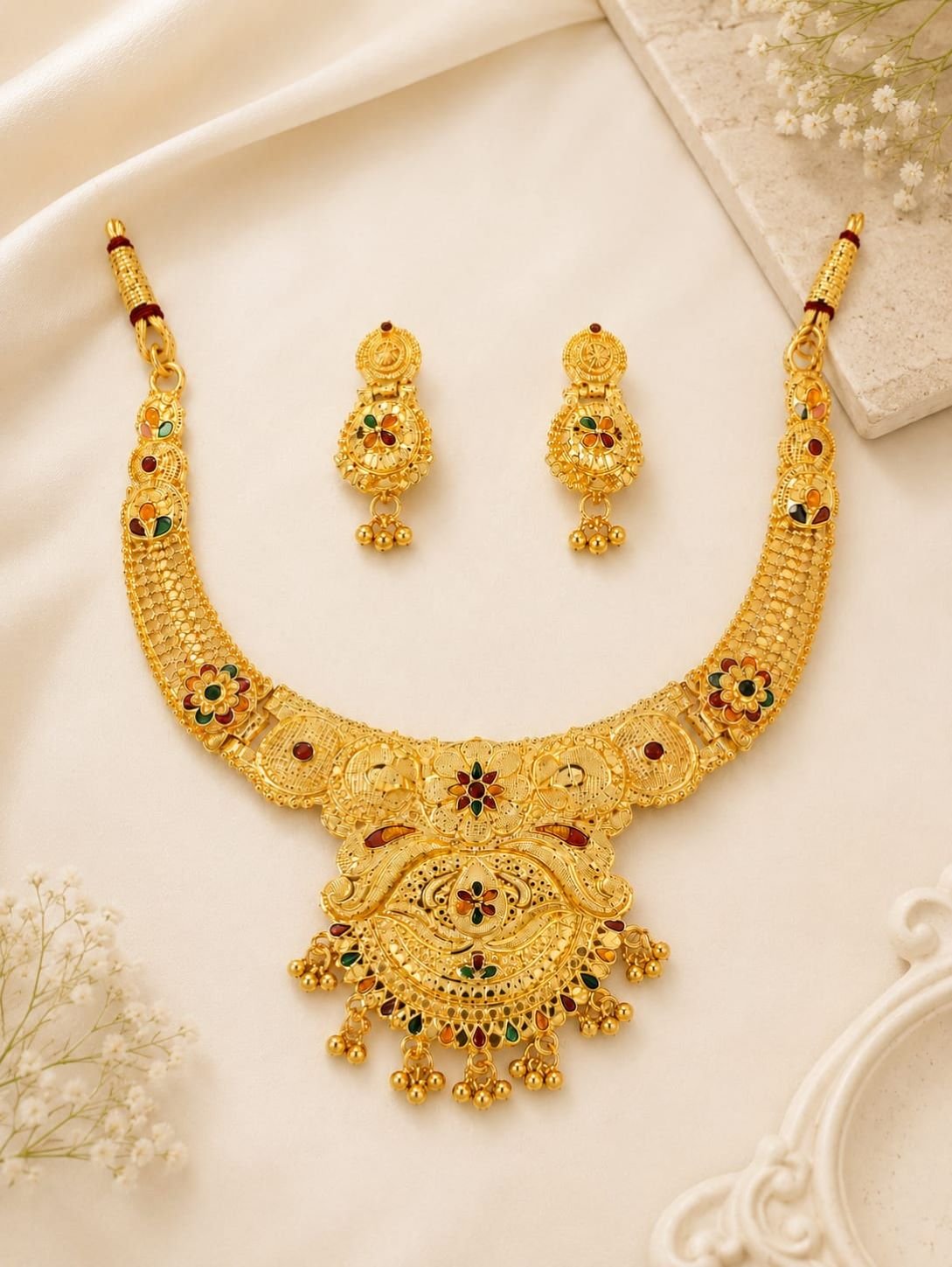 N2K Traditional Ethnic Gold Plated (Choker- D1) Temple Design Necklace Set with Earrings - Image 4